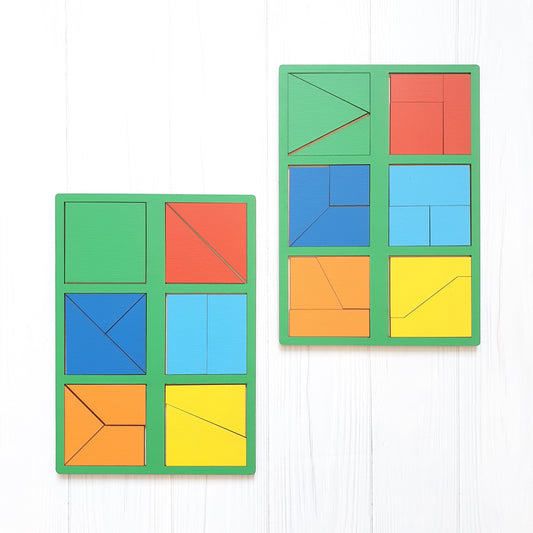 Wooden Nikitin Fold Square puzzles showing different levels of geometric shapes for spatial reasoning practice
