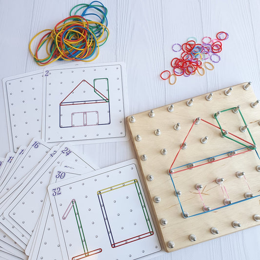 Wooden geoboard with task cards on a table, an aid used in occupational therapy for children with autism