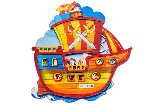 Wooden pirate ship puzzle taken apart into hull, deck, sail and anchor, used as props for a sensory story