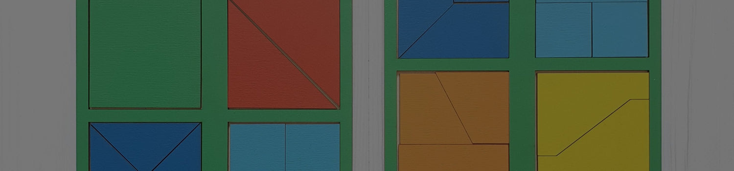 Nikitin Fold Square wooden puzzles in three levels, coloured squares cut into geometric pieces