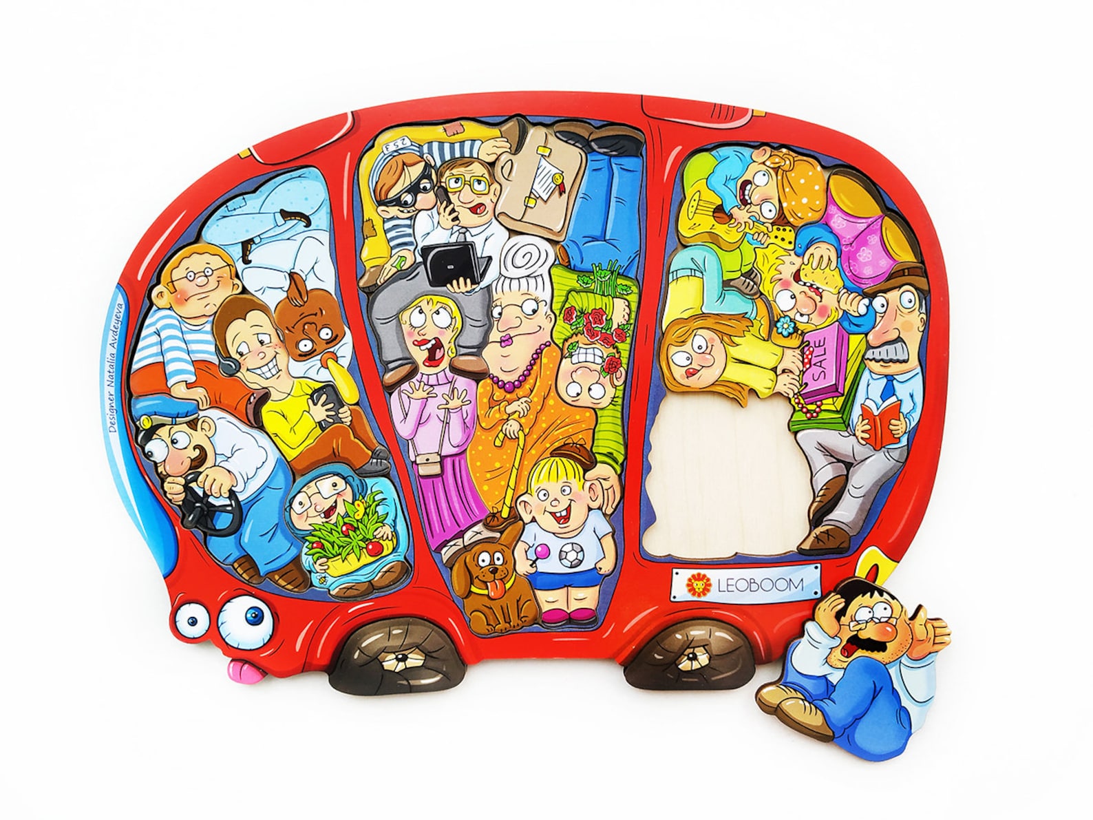 Wooden rush hour bus puzzle with passenger figures in painted plywood - attention, memory and language tool, view 2