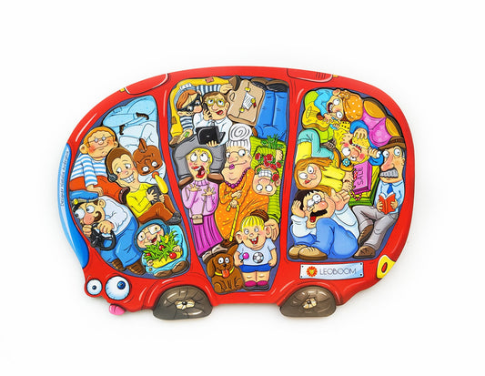 Wooden rush hour bus puzzle with passenger figures in painted plywood - attention, memory and language tool