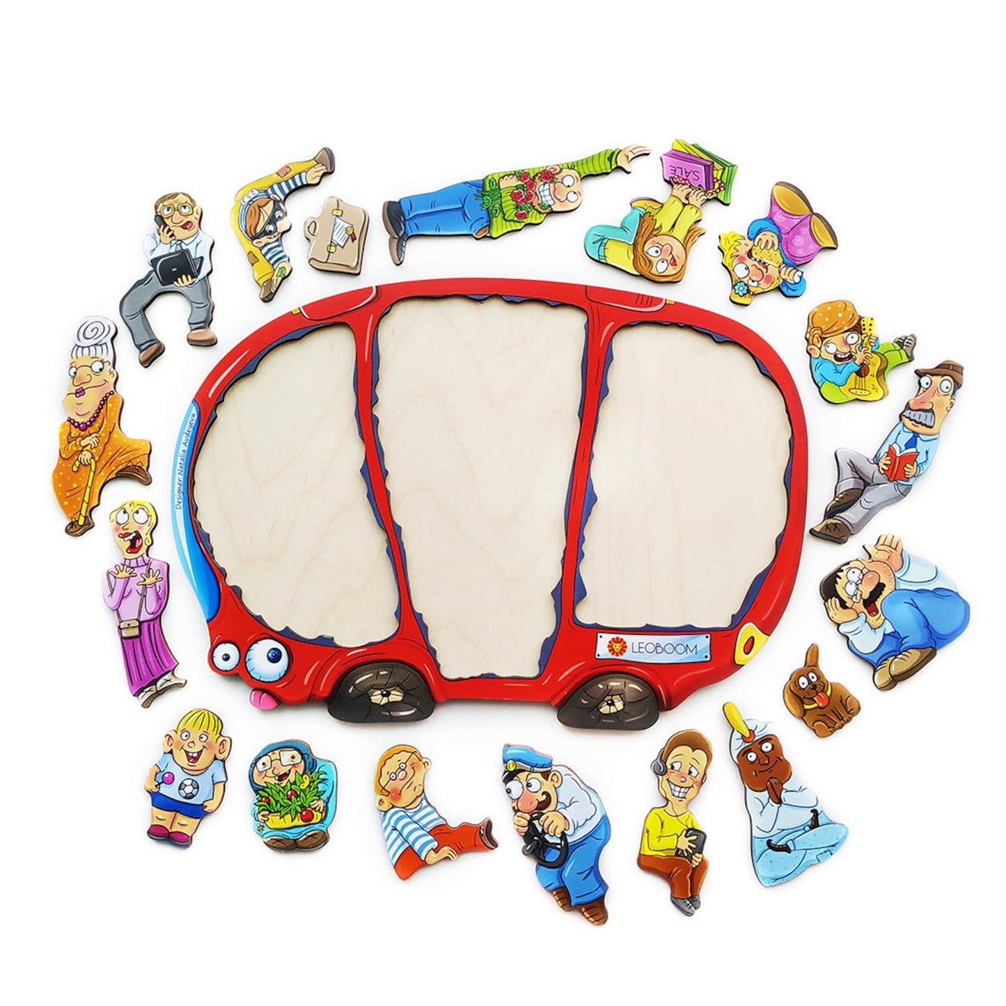Wooden rush hour bus puzzle with passenger figures in painted plywood - attention, memory and language tool, view 4