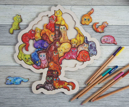 Wooden cat tree puzzle with sorting figures in painted plywood - logic and language tool, view 3
