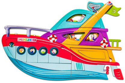 Wooden boat frame puzzle in painted plywood - vocabulary, memory and logic tool