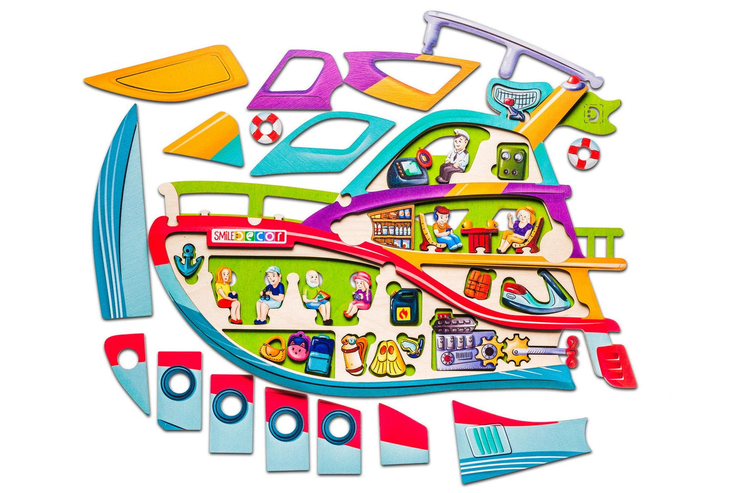 Wooden boat frame puzzle in painted plywood - vocabulary, memory and logic tool, view 2