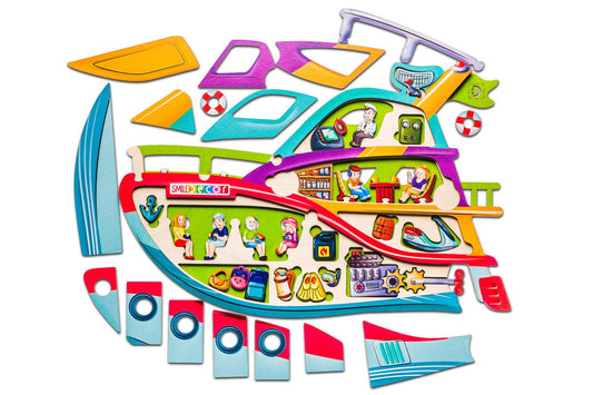 Wooden boat frame puzzle in painted plywood - vocabulary, memory and logic tool, view 2