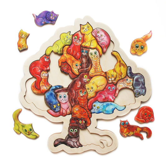 Wooden cat tree puzzle with sorting figures in painted plywood - logic and language tool