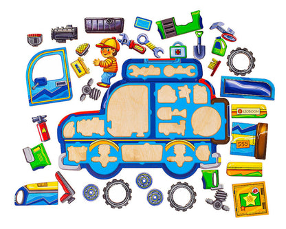 Wooden jeep frame puzzle in painted plywood - vocabulary and visual attention tool, view 3
