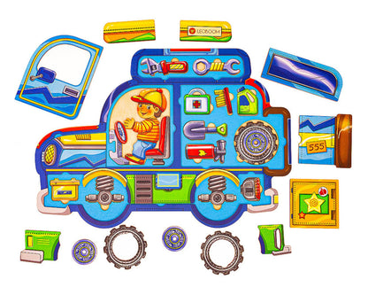 Wooden jeep frame puzzle in painted plywood - vocabulary and visual attention tool, view 2