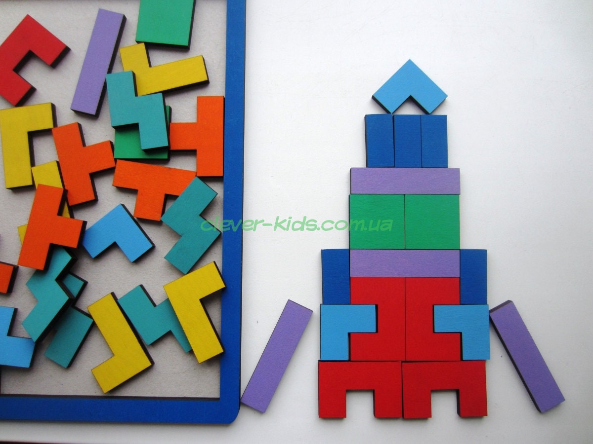 Wooden tetris puzzle in painted plywood - spatial thinking and fine motor tool, view 3