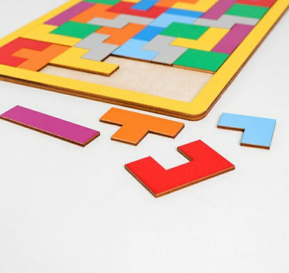 Wooden tetris puzzle in painted plywood - spatial thinking and fine motor tool, view 2