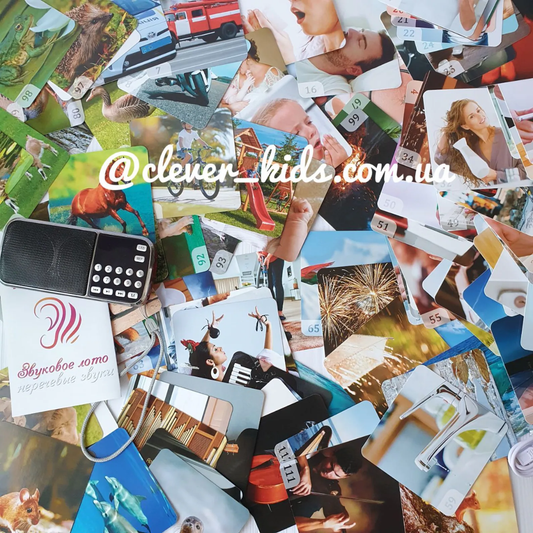 Sound lotto set: 120 numbered photo cards spread out with the sound player
